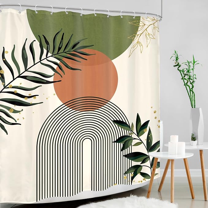 Green Boho Shower Curtain 60Wx72H Abstract Bohemian Modern Leaves Mid Century Minimalist Contemporary Plant Bathroom Decor Simple Neutral Bath Curtain Fabric Polyester 12 Pack Hooks