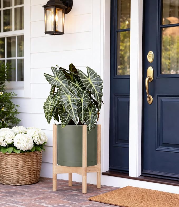D'vine Dev Planter Pot with Stand - 10 Inch Plastic Cylinder Flower Pot with Wood Planter Holder for Indoor, Olive Pot + Natural Stand, 55-C-M-3
