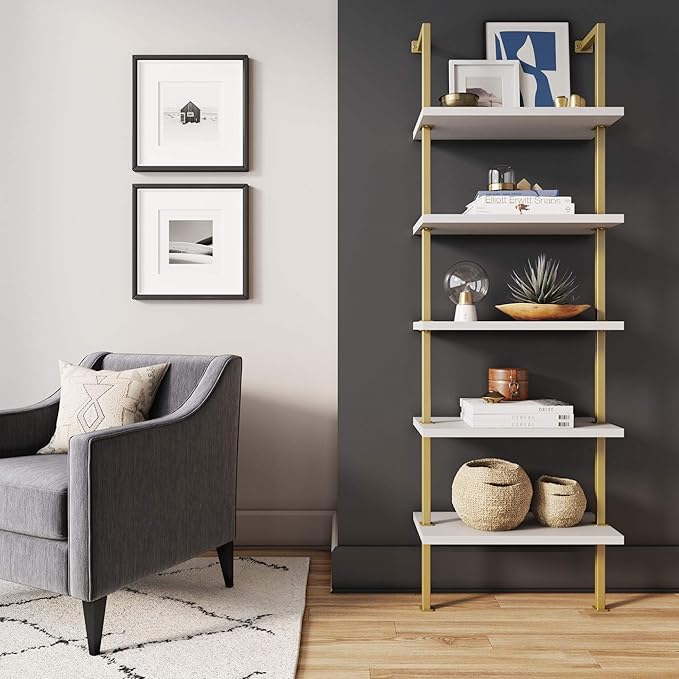 Nathan James Theo 5-Shelf Modern Bookcase, Open Wall Mount Ladder Bookshelf with Industrial Metal Frame, White/Gold