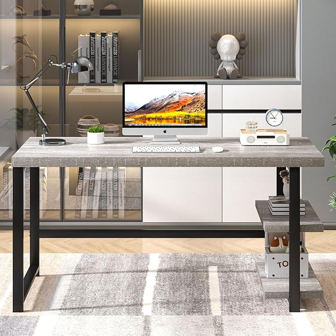 FOLUBAN 47 Inch Home Office Desk, Modern Computer Desk with Storage Shelves, Small Study Writing Gaming Table Workstation for Living Room Bedroom, Industrial Light Grey