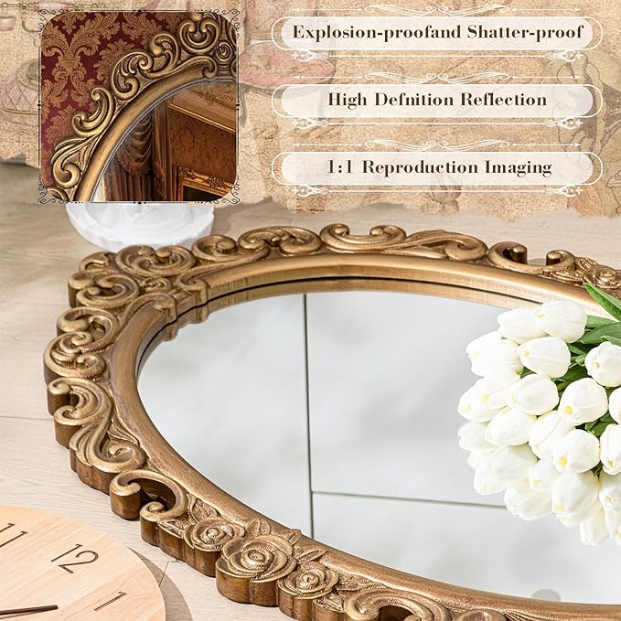 Vercraft 24" x 36" Vintage Gold Mirror for Wall, Antique Gold Oval Baroque Mirror with Imitation Resin Frame, Ornate Wall Decor for Entryway, Fireplace, Living Room, Hallway