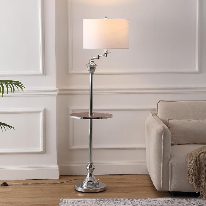 JONATHAN Y 60" Chrome Swing Arm Wood Integrated Side Tray Candlestick Tray Table Floor Lamp Traditional for Living Room Bedroom with White Linen Drum Shade LED Bulb Included JYL3055E
