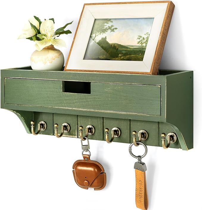 Rebee Vision Pine Wood Key Holder Wall Mount with Drawer Organizer for Home Decor – Mail Organizer with 6 Key Hooks & Storage Shelf – Apartment Essentials for Entryway, Living Room (Green)