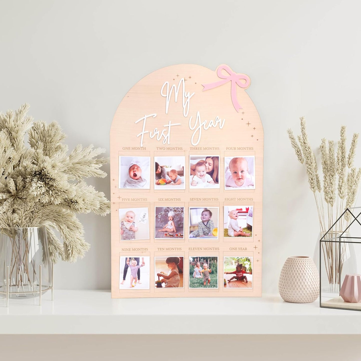 WAUAO My First Year Birthday Board - Monthly Milestone Wood Photo Display for Girls | 12 Months of Memories