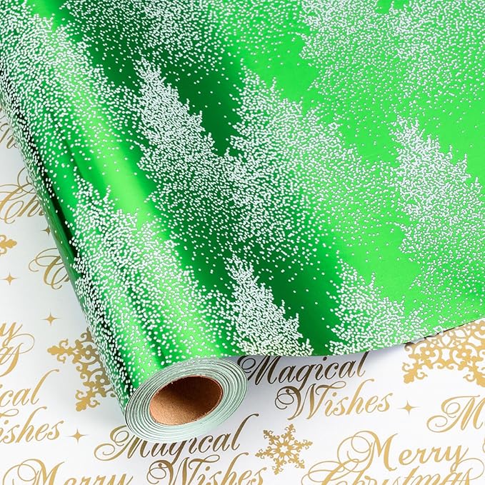 MAYPLUSS Christmas Wrapping Paper Roll, 17 Inch X 16.5 Feet Gift Wrapping Paper Featuring Green Christmas Tree Reversible Snowflake, Thick Wrap Paper for Holiday Party New Year Kids