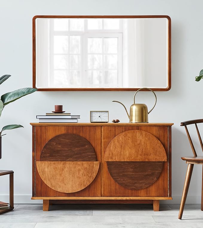 Kate and Laurel McLean Modern Wood Framed Rounded Rectangle Wall Mirror, 20 x 36, Walnut Brown, Decorative Round Rectangular Mirror for Contemporary Wall Decor