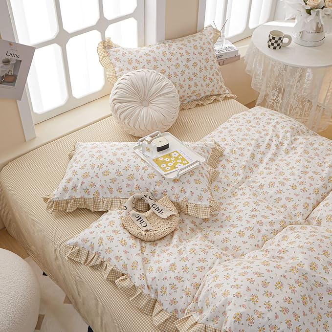EAVD Girls Floral Duvet Cover Twin White Soft 100% Cotton Chic Garden Yellow Pink Floral Bedding Set with 2 Pillowcases Vintage Style Ruffle Floral Comforter Cover with Zipper