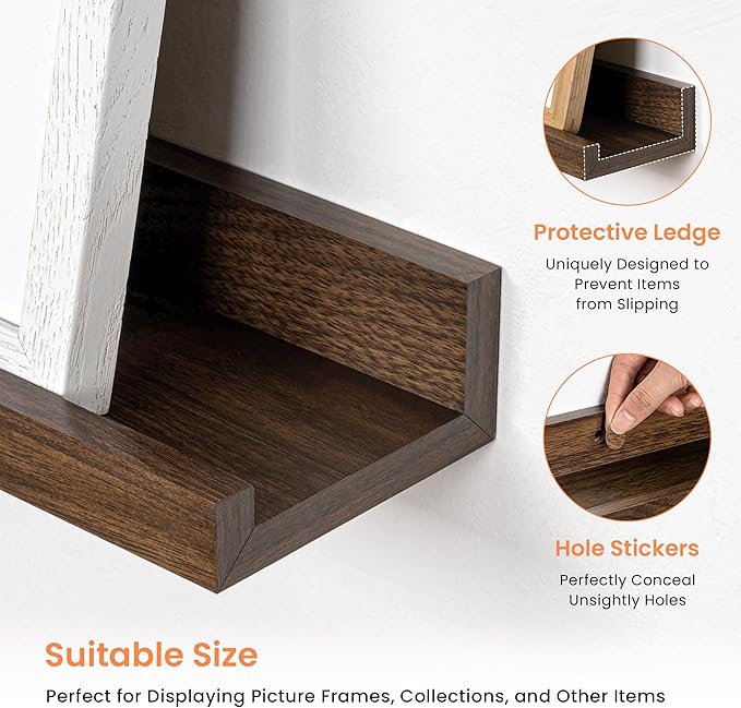 RICHFOCUS Picture Ledge Shelf, 72 inch Floating Shelves Set of 2, Wood Wall Shelves with Lip, Wall Decor Storage for Bedroom Living Room Bathroom Kitchen Nursery Photo Picture, Walnut