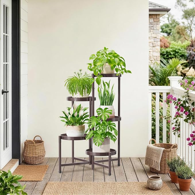 iDavosic.ly 5 Tier Large Plant Stand Indoor, 10 Inch Wide Tall Corner Metal Plant Stands Outdoor for Multiple Plants, Folding Tiered Flower Display Holder Rack Shelf, Violet Bronze