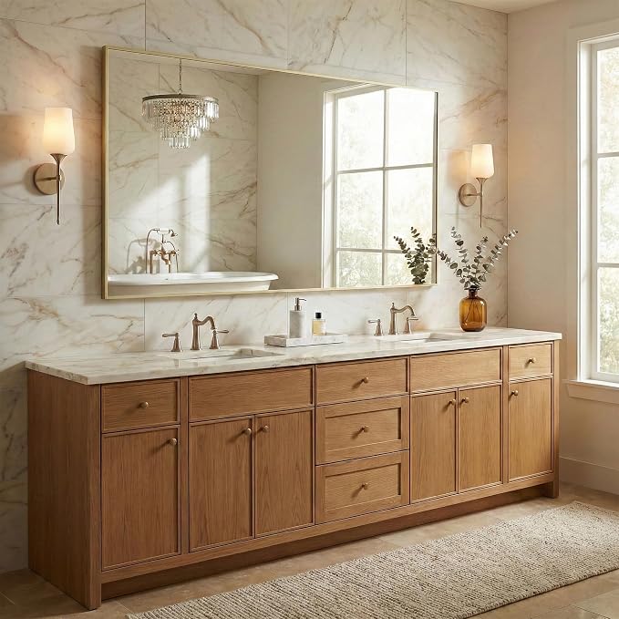 55"x30" Gold Landscape Bathroom Mirror for Double Vanity, Shatterproof Tempered Glass, Narrow Metal Frame, Ultra-Flush Wall-Mounted