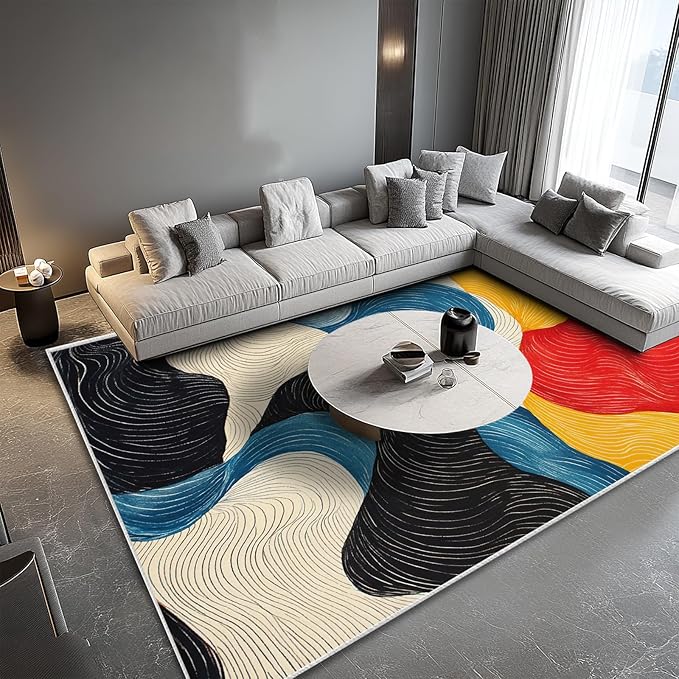 6x9 Colorful Area Rug Modern Abstract Black White Blue Beige Red Yellow Bedroom Rug Soft Low Pile Thin Large Carpet Living Room Non Slip Dining Room Stain Resistant Office Washable Machine