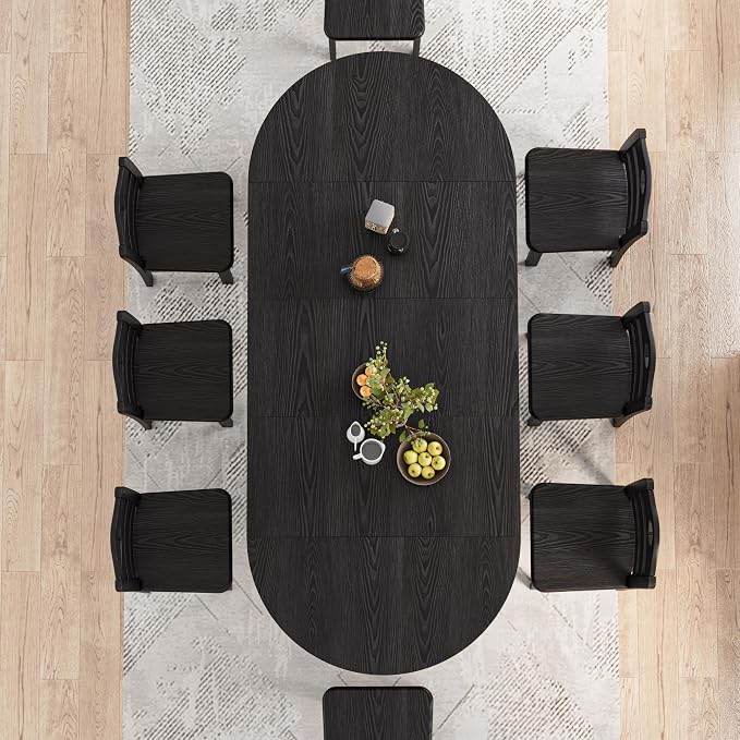 43-95 inch Long Round Extendable Dining Table for 4-10, Space Saving Oval Large Dinner Kitchen Table with 3 Leaf, 2 Storage, Fluted Mid Century Modern Dining Room Table for Living Room, Black