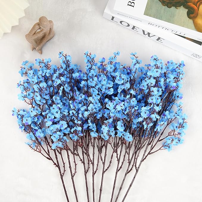 8Pcs Artificial Flowers Fake Babys Breath Bouquet,Blue Fake Flowers Plants Decor Silk Flower Bulk for Vase Spring Home Wedding Indoor Outdoor Table Party Decorations