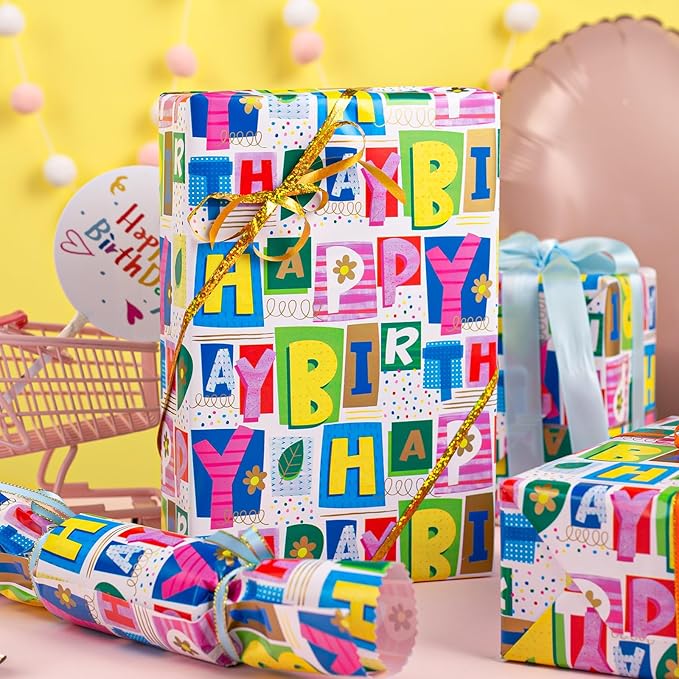 Homeral Reversible Wrapping Paper - Colorful Happy Birthday Letterings & Pink Heart Girly Gift Wrap for, Baby Shower, Party Gift Wrapping - Mini Roll Wrapping Paper - 17in x 33ft