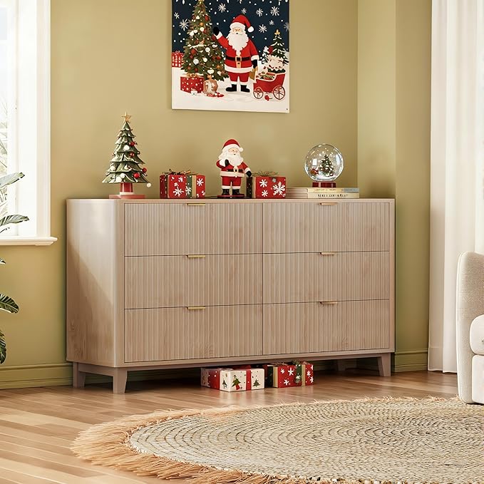 WLIVE Fluted Dresser for Bedroom with 6 Drawers, 54" Wide Wood Dresser with Metal Handles, TV Stand for 65 inch TV, Mid Century Modern Chest of Drawers for Living Room, Hallway, Closet, Natural Oak