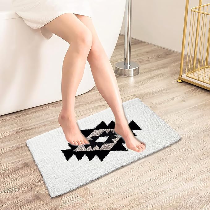 Boho Bath Rugs White Non Slip Washable Geometric Bath Mat Fluffy Soft Absorbent Bathroom Rugs for Bathroom Sink Shower Home Entryway Bohemian Farmhouse Decor 30"×20"