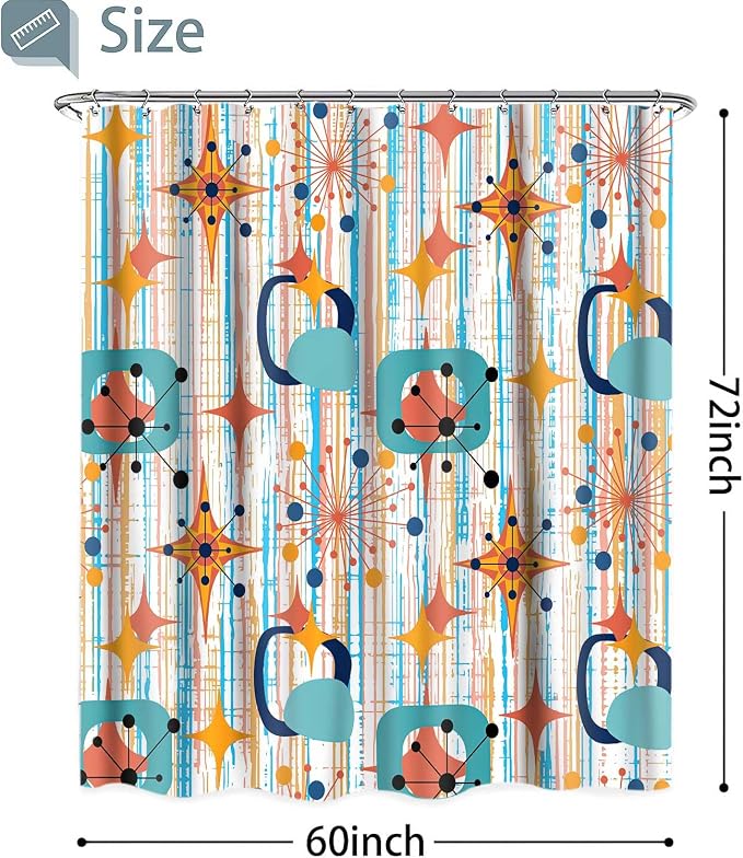 Mid Century Shower Curtain, 60x72inch, Modern Abstract Retro Colorful Striped Geometric Shower Curtain Sets 1950s Boho Bathroom Shower Curtain with 10 Hooks
