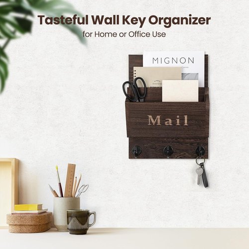 Mail and Key Holder | Decorative Wall Key Hanger - 9.8" x 12.5" Real Paulownia Wood with 2 Mail Slots & 3 Hooks (Brown)