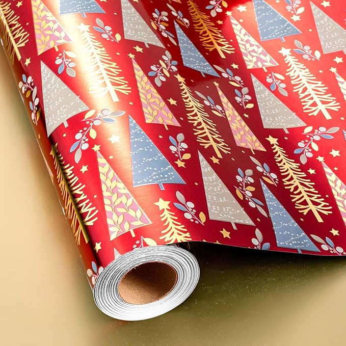 MAYPLUSS Christmas Wrapping Paper Roll - 17IN X 33FT - Christmas Gift Wrapping Paper Featuring Triangle Tree Against Red Reversible Gold for Kids, Holiday, New Year
