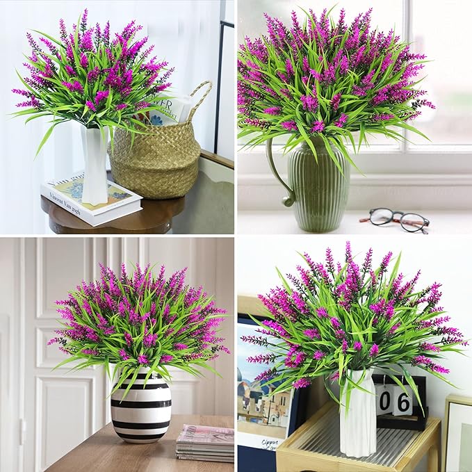 Ouddy Decor 24 Bundles Artificial Flowers for Outdoors, Fake Lavender Flowers Monkey Grass Faux Plastic Plants Shrubs UV Resistant for Porch Garden Window Box Office Home Decorations, Fuchsia