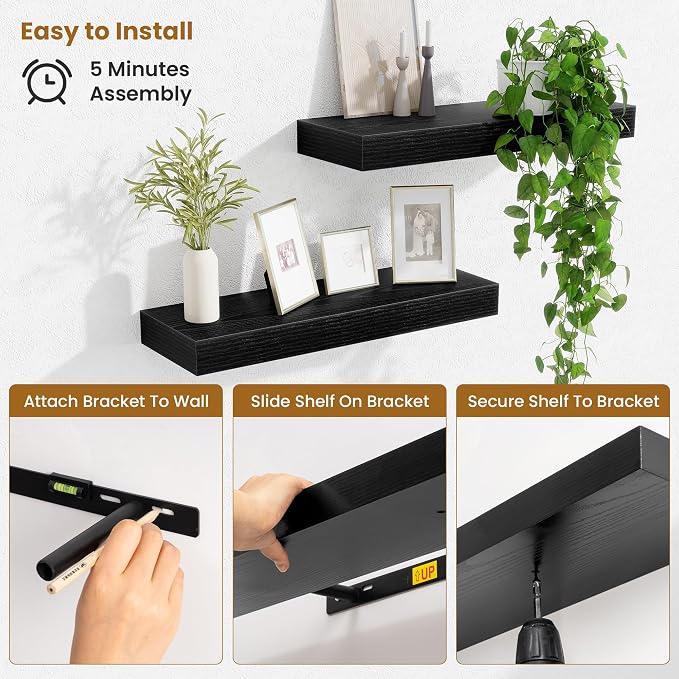 Fun Memories Floating Shelves Bathroom for Wall Mounted Shelves, 20 Inch Wood Shelf Set of 2, Home Storage & Display Decor, Black