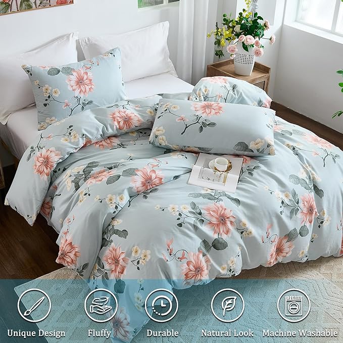 Blue Floral Duvet Cover Queen Size 100% Soft Cotton 3 Pieces French Country Chic Garden Style Luxury Blossom Floral Vibrant Pattern Reversible Flower Duvet Cover with Zipper Closure