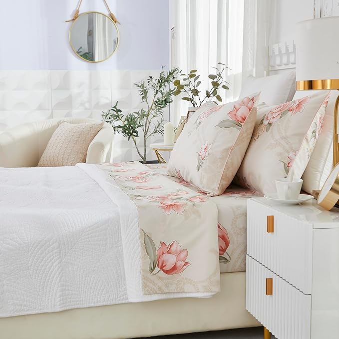Brandream Floral Bed Sheets Twin Size Luxury Blossom Flower Print, 100% Egyptian Cotton 4 Pieces Sheet Set, Kids Sheets, Cooling Sheets for Twin Size Bed Deep Pockets, Floral Bed Sheets