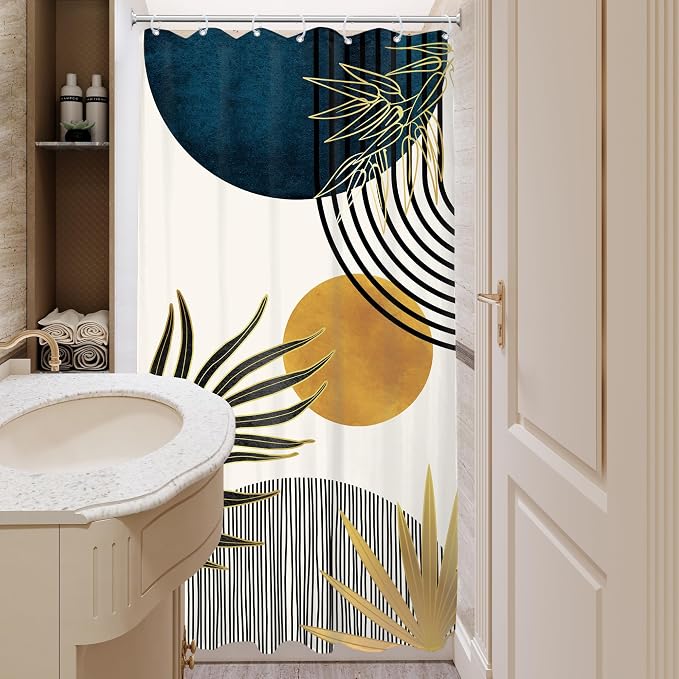 KOMLLEX RV Stall Small Mid Century Blue Boho Shower Curtain 36Wx72L Inches Abstract Modern Blue Shower Curtains for Bathroom Plant Minimalist Arch Sun Fabric Liner Waterproof Polyester 7 Pack Hooks