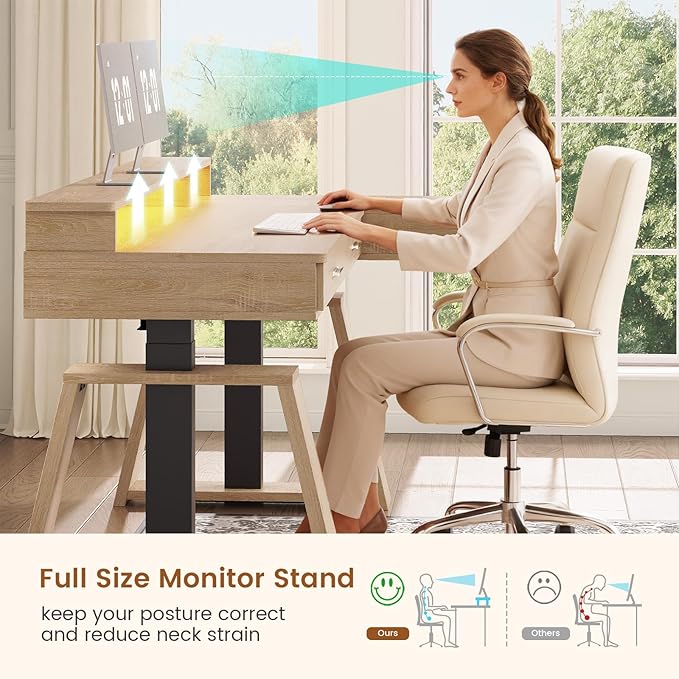 SEDETA 59 Inch L Shaped Electric Standing Desk with Drawers, Executive Adjustable Desk with Power Outlets, Monitor Stand, Sit Stand Computer Table for Home Office, Oak
