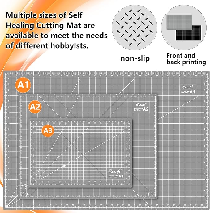 Ecraft Self Healing Cutting Mat:18" x 24" Double Sided 5-Ply Hobby Mat, A2 Rotary Cutting Sewing Mat for Crafts, Fabric,Sewing,Quilting,Scrapbooking,Projects,Grey/Black