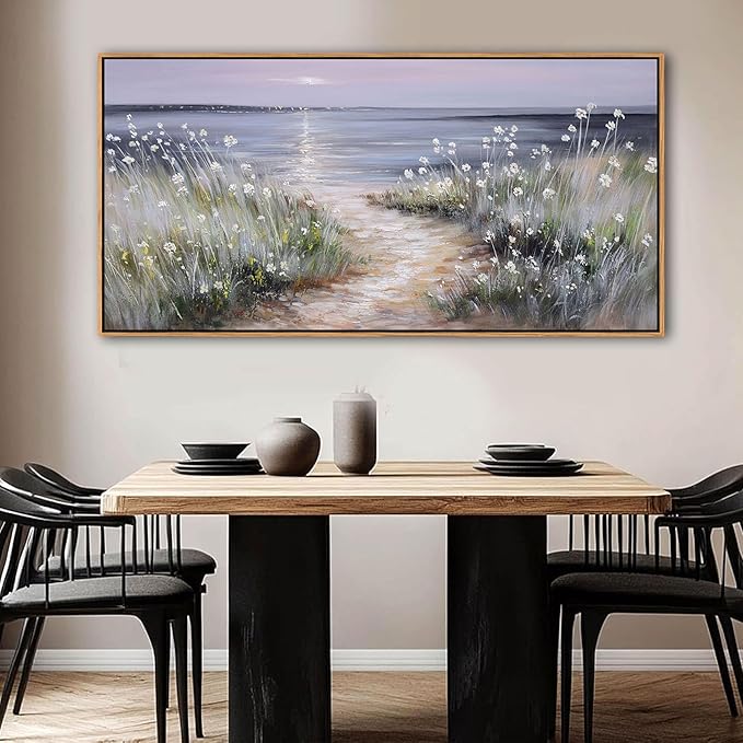 KLAKLA Bedroom Decor Wall Art Blue Beach Picture Ocean Theme Flower Canvas Print Modern Coastal Seascape Painting Framed Seaside Artwork Floral Daisy for Home Sea Lake Living Room 24X48 Inch
