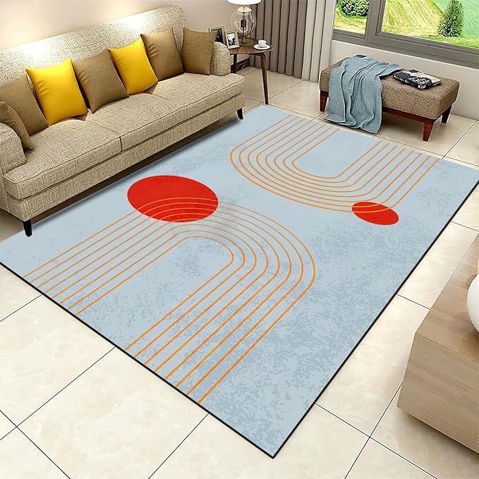 Retro Medieval Blue Area Rug, Abstract Boho Sun Non Slip Bedroom Rugs, Breathable Durable Carpet for Indoor Study Living Room Office Decor Rug - 5 ft x 6 ft