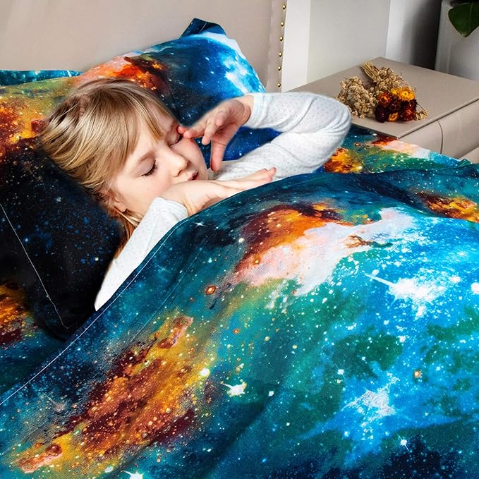 Bedlifes Galaxy Outer Space Sheet Set, Galaxy Themed, 3 pcs Including Flat Sheet, Fitted Sheet, and 1 Pillowcase (Blue Full)