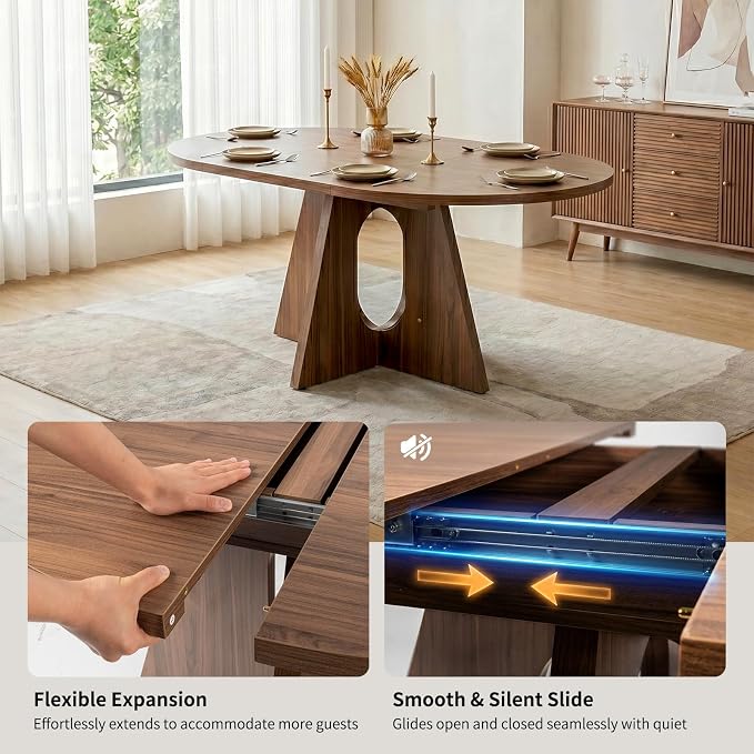 HIPIHOM 43.3"-59" Expandable Round Dining Table, Modern Walnut Kitchen Table, Space Saving Mid-Century Extendable Table for Dining Room