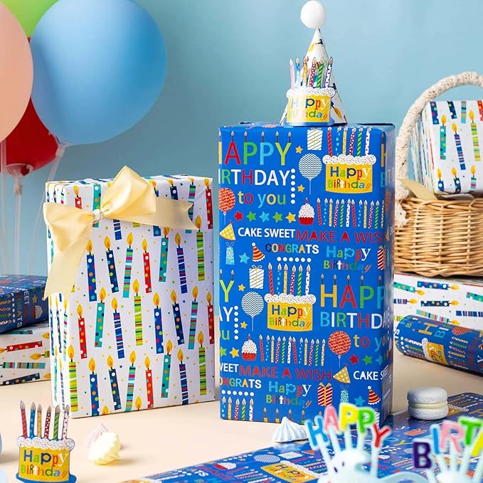 Homeral Blue Birthday Wrapping Paper Roll - 17 Inch x 16.5 Feet, Reversible Happy Birthday Lettering & Colorful Candles Gift wrapping paper for Boy Baby Shower, Party, Holiday