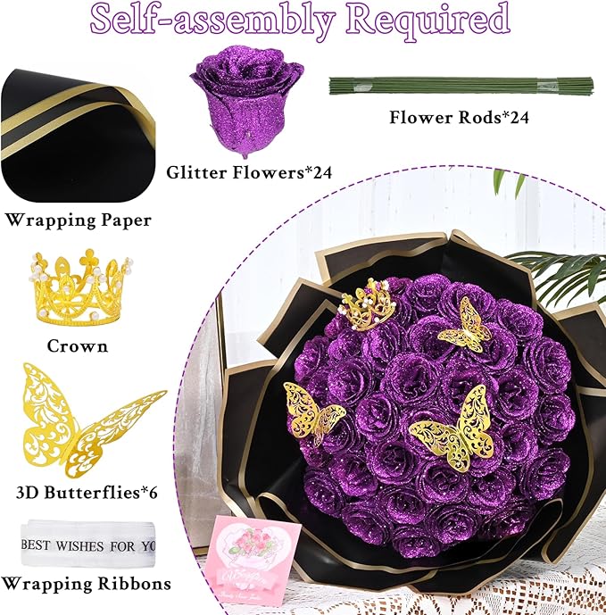 Waipfaru 24 Pcs Glitter Roses Bouquet, DIY Fake Flowers Bouquet, Artificial Purple Rose Bouquet for Valentines, Mothers Day Gifts, Anniversary, Engagement, Wedding