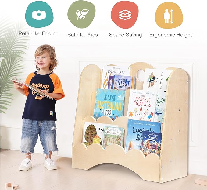 3-Tier Wooden Kids Bookshelf with Scalloped Front-Facing Shelves – Montessori-Inspired Floor Bookcase for Toddler Bedrooms, Playrooms, Nurseries & Classrooms