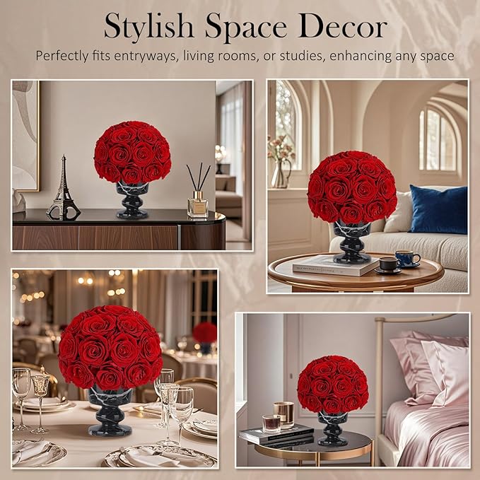Forever Flowers Preserved Red Roses in Marble Vase, Flower for Delivery, Eternal Roses Gift for Women, Table Centerpiece Flowers for Home Decor Party Living Room Bedroom