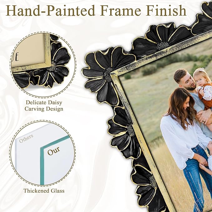 5x7 Vintage Flower Picture Frame, Ornate Antique Photo Frame with Glass Front, Elegant Picture Frame for for Wall or Tabletop Display, Gift ldeas for Home Decor (Black Gold)