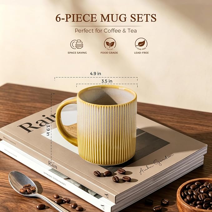 theterra Ceramic Coffee Mugs Set of 6, 14.2oz Handmade Coffee Cups with Handle for Latte, Tea, Milk, Beer, Hot Cocoa, Autumn Haze