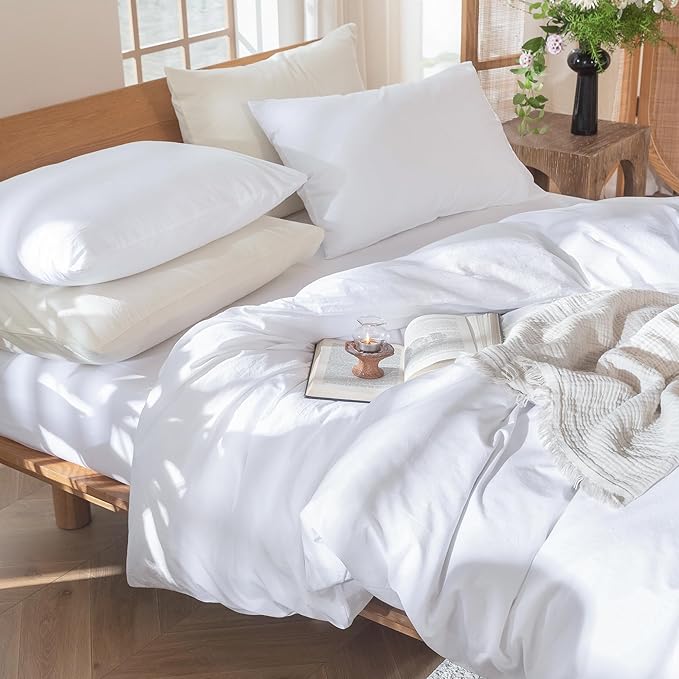 MooMee Bedding Duvet Cover Set 100% Washed Cotton Linen Like Textured Breathable Durable Soft Comfy (Solid Bright White, Queen 90"x90")