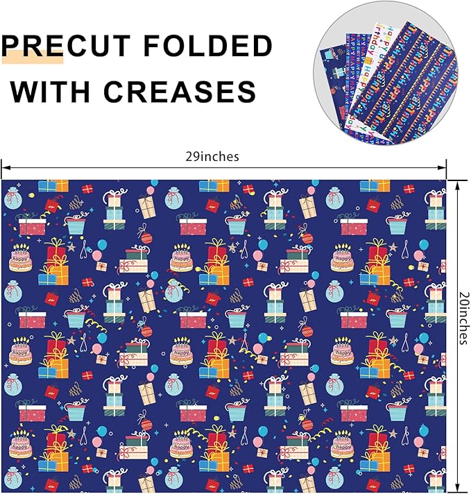 PlandRichW Birthday Wrapping Paper 12 sheets Folded Happy Birthday Gift Wrapping Paper for Kids Boys Girls Men Women Baby 4 Style Colorful Birthday Greeting Gift Wrap Paper 20 X 29 Inches