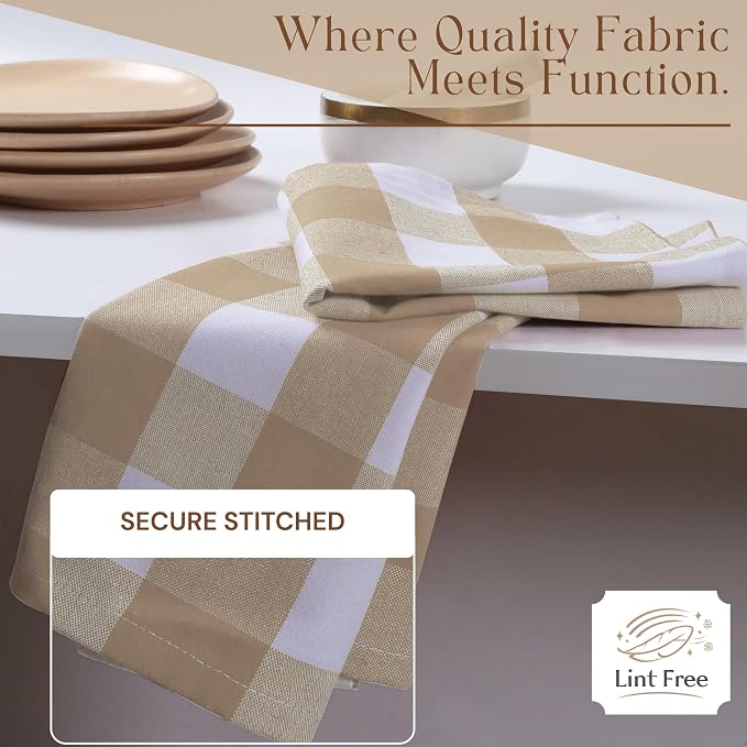 Buffalo Check 12 Pack Kitchen Towels, 16x26 Inches, Classic Farmhouse Plaid Dish Towel, 100% Cotton, Absorbent, Washable for Drying Dishes, Cleaning, Everyday Kitchen Use, Beige White