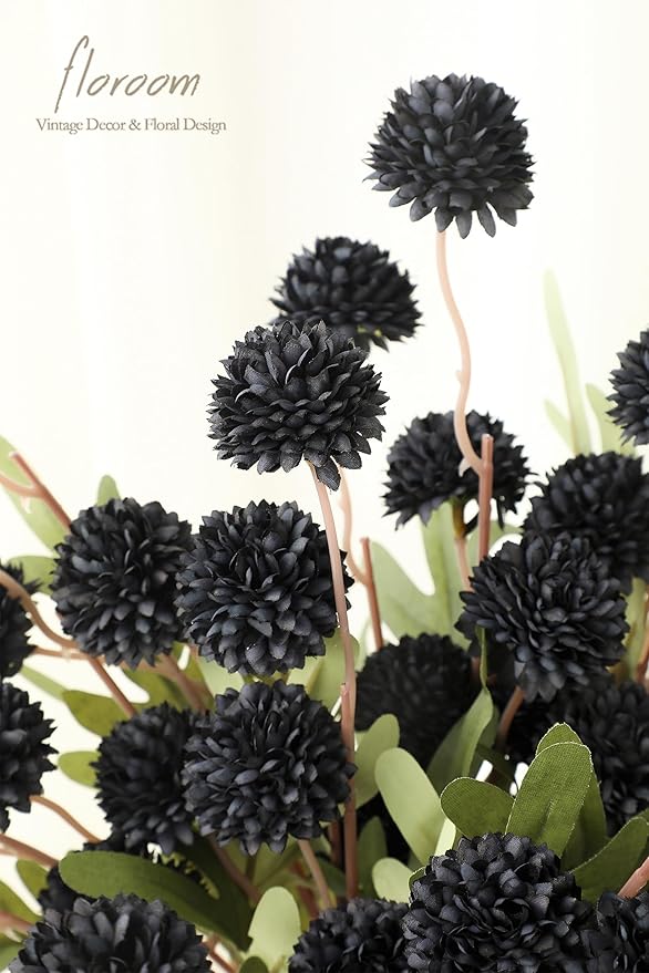 Floroom 5pcs Black Faux Silk Mums Artificial Flowers, Bulk Fake Small Mini Chrysanthemums with Stems for DIY Wedding Centerpieces Floral Arrangements Vase Fillers Home Decorations
