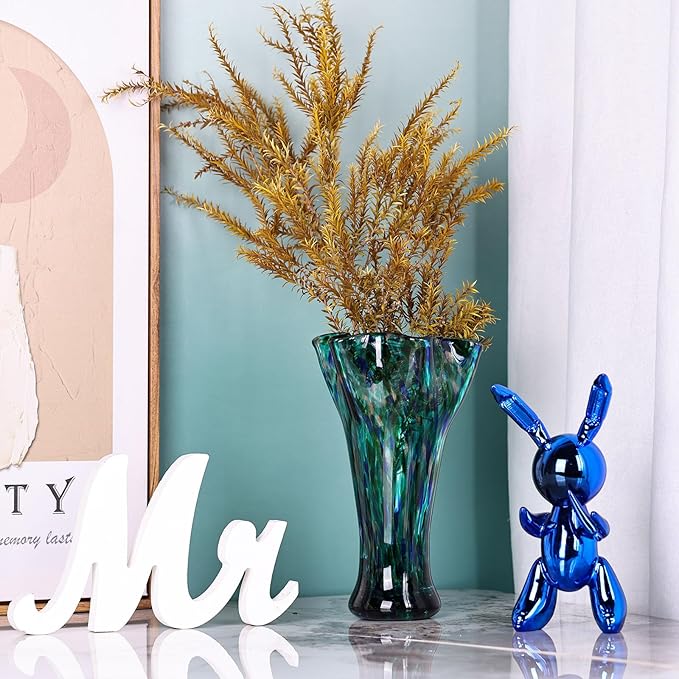 9.8" Tall Teal Blue Hand Blown Glass Vases for Home Decor,Modern Wide Mouth Ruffle Flower Vase Table Centerpieces,Colored Coastal Sea Glass Art for Bookshelf,Bathroom,Counterto,Wedding