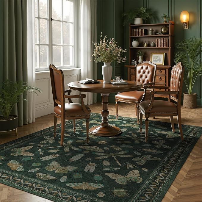 DCX 4x6 Washable Insect Rug, Vintage Gothic Dark Green Rug with Non-Slip Rubber Backing, Soft Low-Pile, Stain-Resistant, Kid & Pet Friendly, for Living Room, Bedroom, Office, and Nature-Themed Decor