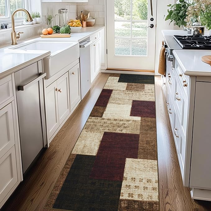 Modern Geometric Patchwork Indoor Runner Rug for Living Room, Red 2.7'x 10' Rug Rockwood Collection Hardwood Floors Decor for Bedroom, Burgundy Throw Carpet for Office Entryway Dining Room