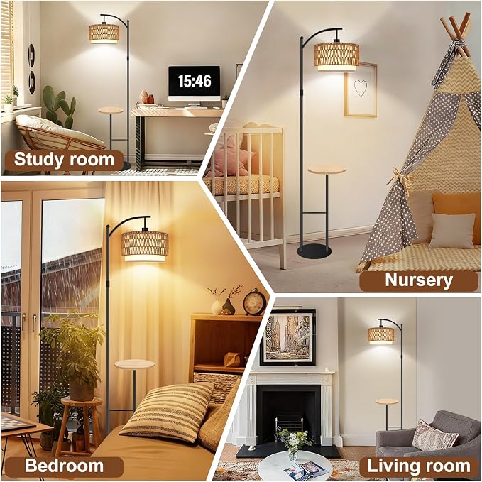 Arc Floor Lamp with Table and Shelves Dimmable Standing Lamp with Rattan and Fabric Shade, Boho Farmhouse Floor Lamp for Living Room with Remote, Wicker Tall Lamp with 3 Color Temperatures
