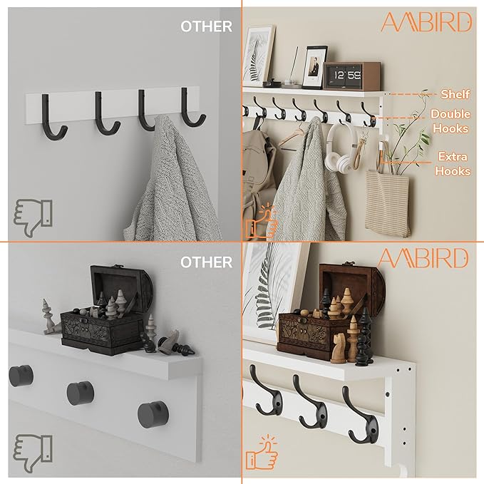 AMBIRD Coat Rack Wall Mount, 35 Inch Large Coat Hooks Wall Mounted with 7 Dual Metal Hooks and 2 Side Hooks, Wall Hooks with Shelf in Entryway, Kitchen, Living Room, Bathroom, Bedroom (White)