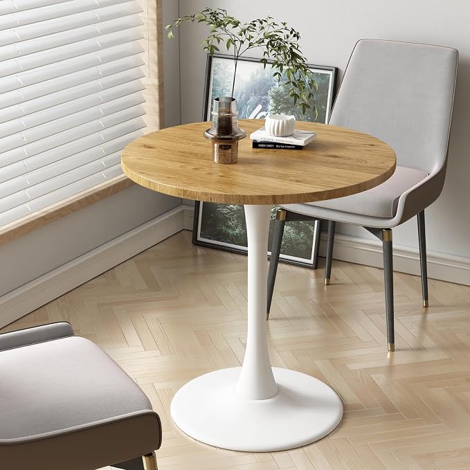 Round Dining Table 27.5" Circle Tulip Table with Wood Thickened Tabletop & Sturdy Metal Pedestal Mid Century Modern Leisure Bistro Kitchen Tables 4 People Small Places Living Room Cafe,Oak